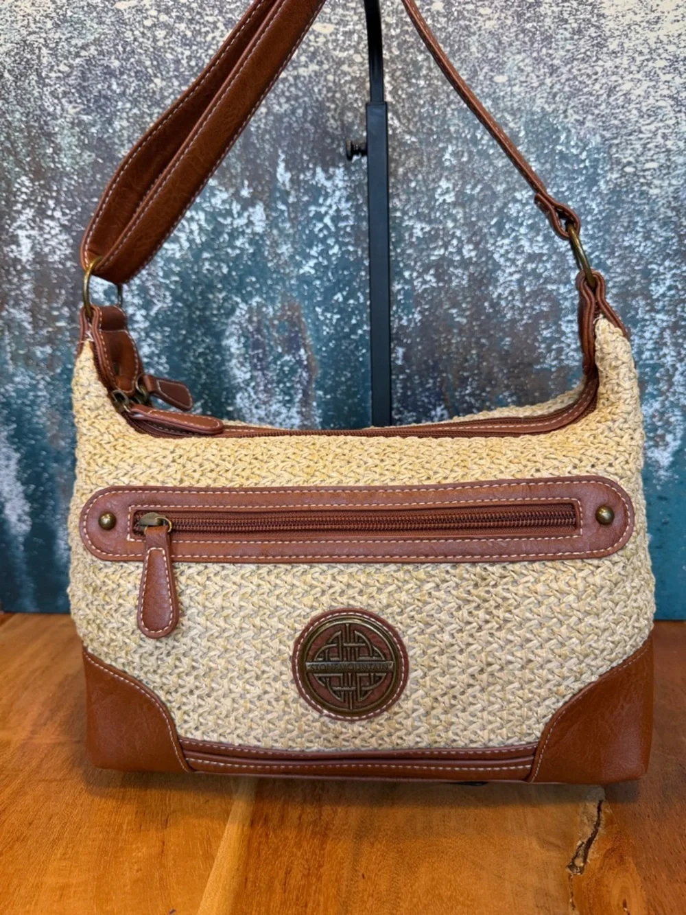 Stone Mountain Boho Woven Straw Faux‎ Leather Crossbody Shoulder Bag Tan  (VGUC)